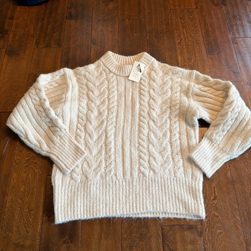 A New Day Cream Cable Knit Wool Blend Mock Neck Sweater Cream Off White L